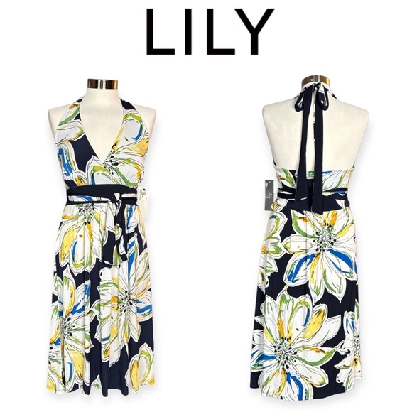 Lily Dresses & Skirts - LILY NAVY FLORAL RESORT STYLE HALTER MIDI DRESS **NWT**